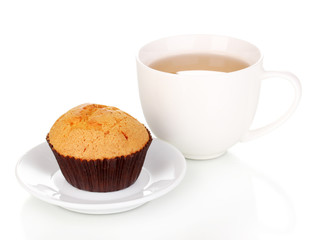 Fresh muffin with tea isolated on white
