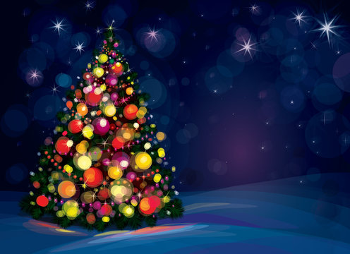 Christmas tree and decorations on winter background.