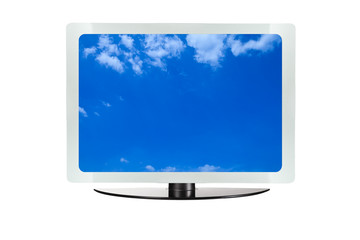 Computer screen with blue sky isolated on white background