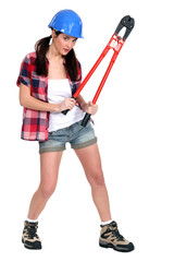 Female builder with bolt-cutters