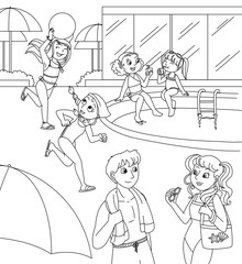 group of children and teens at the swimming pool in summer