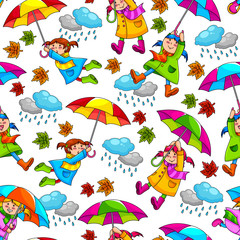 seamless pattern with kids holding umbrellas
