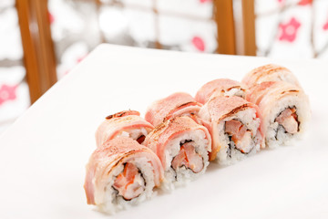 sushi with shrimp and bacon