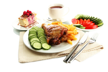 Roast chicken cutlet with boiled potatoes and  vegetables, cup