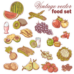 Vintage hand-drawn food set with fruit and vegetables