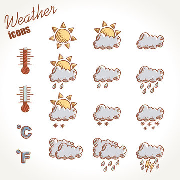 Retro weather icons hand drawn