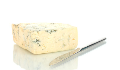 Cheese with mold and knife isolated on white background