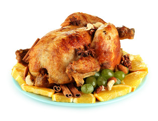 whole roasted chicken with grapes, oranges and spices