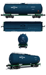 Rrojections and perspective view of the modern blue tank car