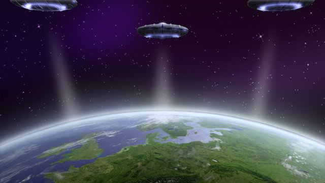 UFO invasion above earth. NASA image used.