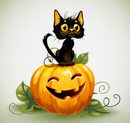 Black cat on a Halloween pumpkin.