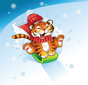 Lucky Tiger sledding with the snowy mountain.