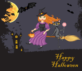Witch and a cat on a broom