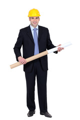 architect holding blueprints isolated on white