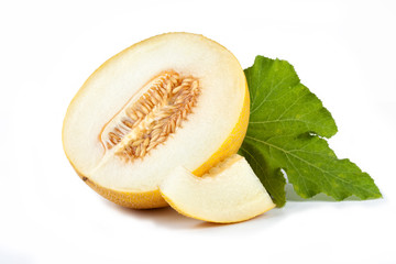 sweet melon with leaf on white background