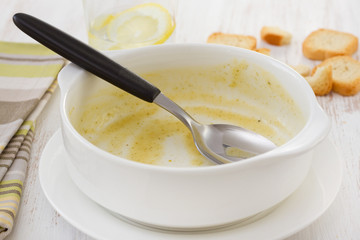 empty white bowl from soup with spoon