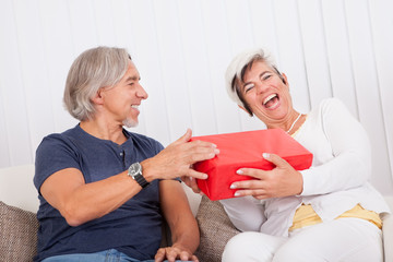 Laughing senior couple with red gift box