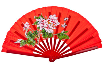 Fototapeta Red oriental chinese fan isolated on white background obraz