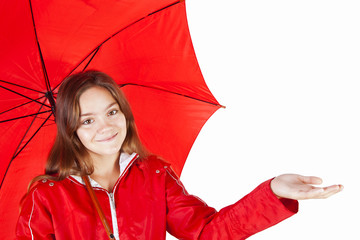 girl in raincoat holding umbrella over white background