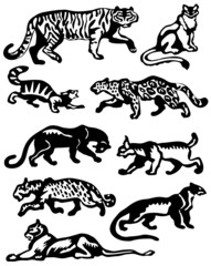 Collection of silhouettes of wild cats