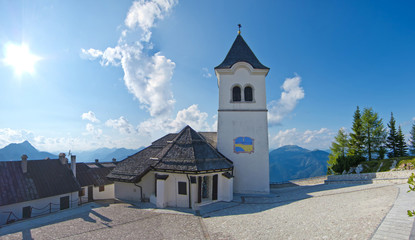 panoramic view of church in monte lussari, small mountain villag