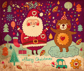 Obraz na płótnie Canvas Christmas vintage illustration with funny Santa Claus