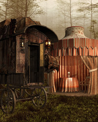 Obraz premium Wóz i namiot wróżbity w lesie