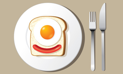 Toast with fried egg on white plate fork and knife vector