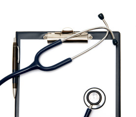 Empty clipboard with stethoscope isolated on white