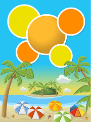 Tropical beach with blue ocean, umbrellas and palm trees