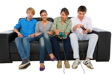 teenagers playing with playstation