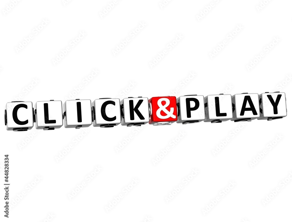 Poster 3d click and play button click here block text