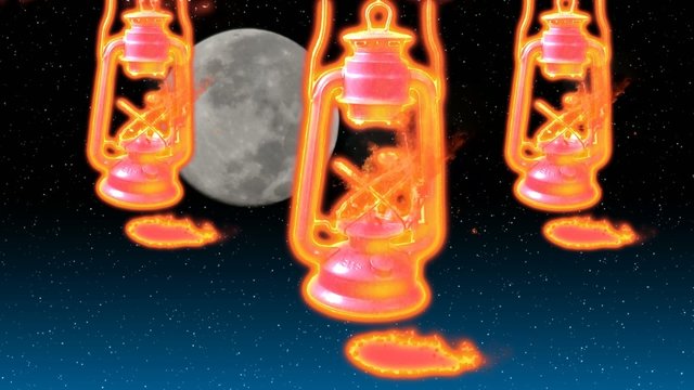 burning oil lamps with moon