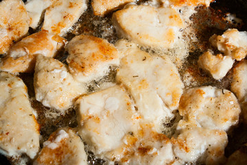 Fillet of meat of a chicken in a frying pan