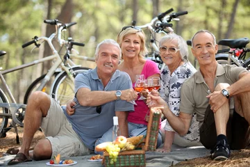 Möbelaufkleber vier ältere Leute, die beim Picknick anstoßen © auremar