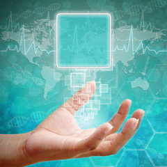 Touch screen interface on Woman hand ,background medical