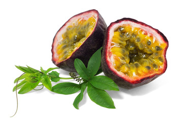 Ripe passion fruit with leaves