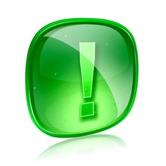 Exclamation symbol icon green glass, isolated on white backgroun
