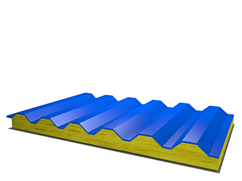 Trapezblechdach mit D&auml;mmung, architektonisches Bauteil - 3D Illustration