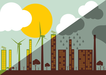Green ecology city illustration against pollution concept backgr