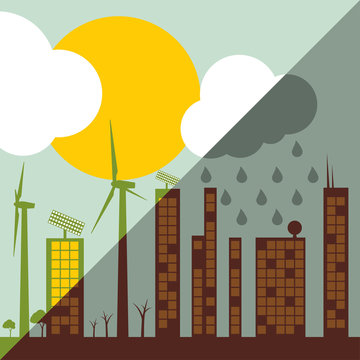 Green ecology city illustration against pollution concept backgr