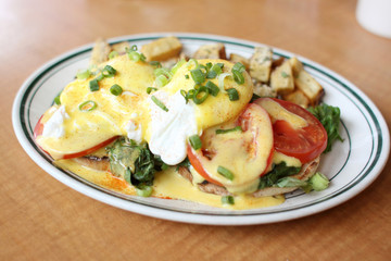 Delicious eggs florentine for breakfast at a restaurant.