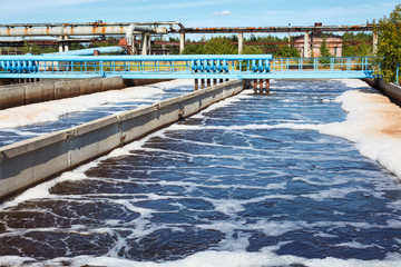 Oxygen aeration of sewage water. Blue air pipelines