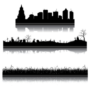 Set of vector city, grass and graveyard silhouettes