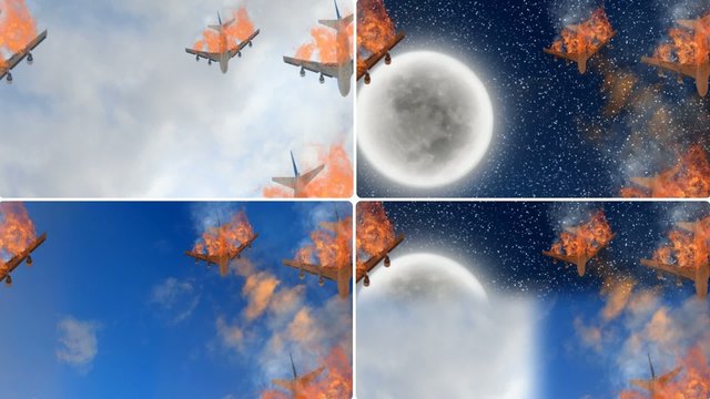 Burning aircraft falling from the sky at different times