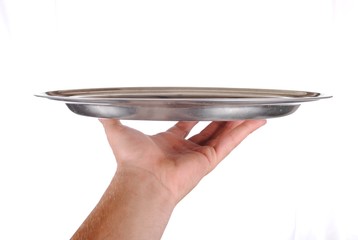 hand holds a serving tray, isolated on white
