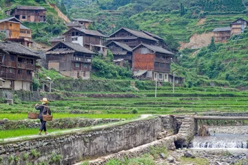 Zelfklevend Fotobehang Chinese farmer going to work through rice terrace. Life in farm © petunyia