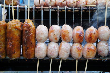 Thai Style Grilled Sausage on Street Market in Thailand
