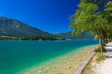 Beautiful turquoise water of Wolfgang lake, Austria