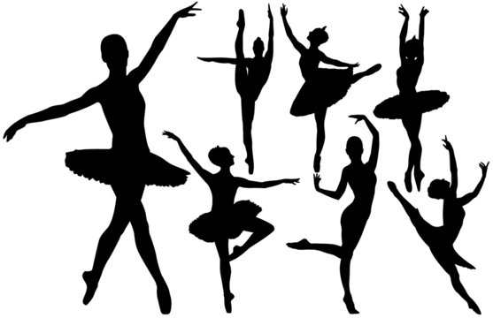 Ballet female dancers ballerinas vector silhouettes isolated on white background. Layered
